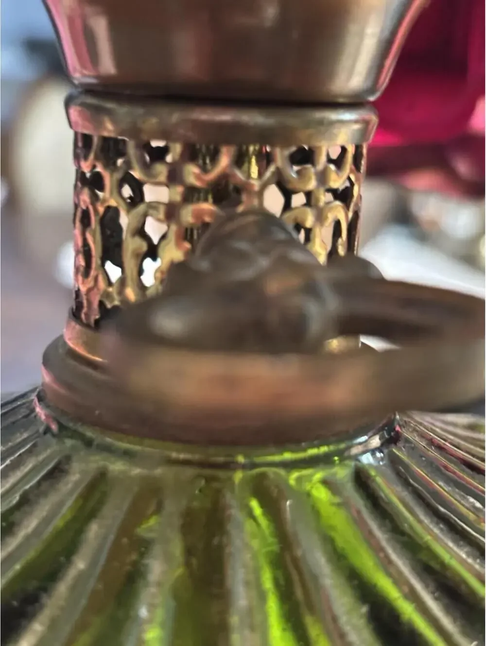 Vintage Style Brass and Green Glass Table Lamp with White Shade